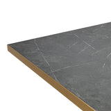 Grijs marmeren tafelblad met gouden rand en witte aders, diagonaal in beeld voor een stijlvol interieur.