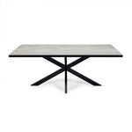 Strakke rechthoekige tafel met grijs blad en zwarte kruispoten, modern en minimalistisch design.