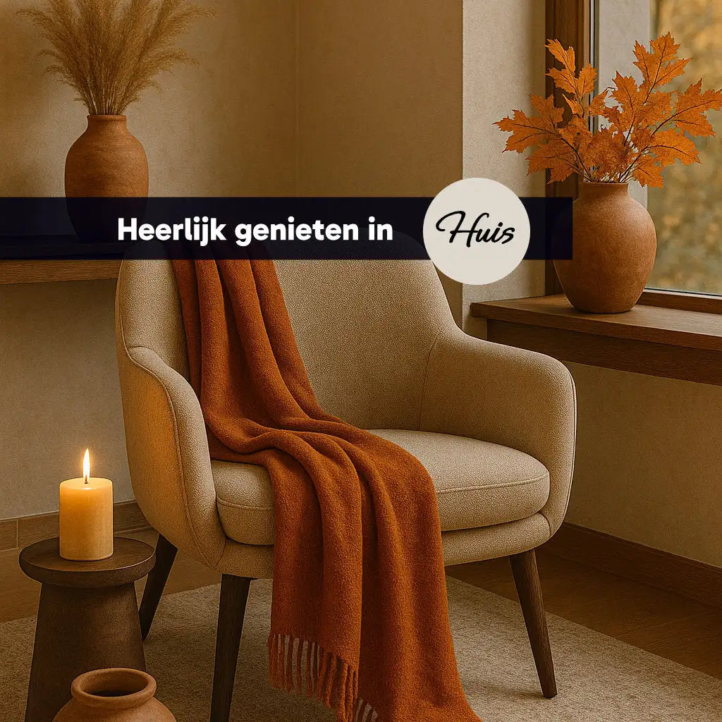 Terracotta vaas met gedroogde grassen en houten poten, rustiek ontwerp.