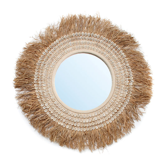 Raffia Cowrie Spiegel Naturel Wit 75 cm ø